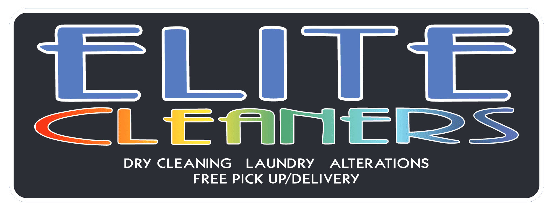 Logo of Elite Cleaners with colorful text. Services listed: dry cleaning, laundry, alterations. Offers free pick up/delivery.