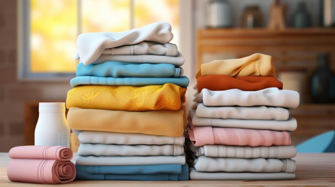 Two stacks of neatly folded clothes in various colors rest on a table, alongside two small towels and a bottle marked "Dry Cleaning," all set in a cozy room.