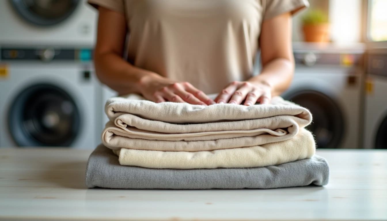 Person folding a stack of clothes on a table in a laundry room with washing machines in the background.