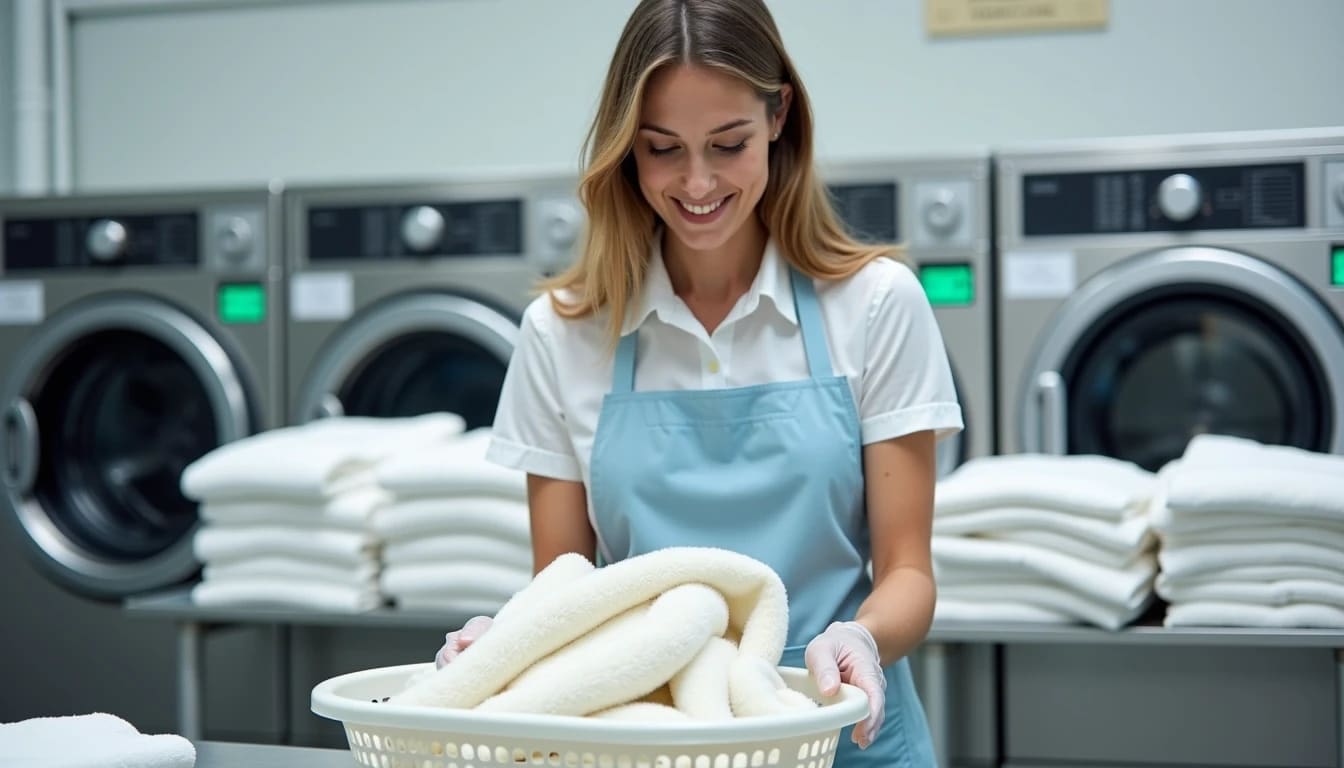 A woman in an apron stands in a laundromat, smiling while holding a laundry basket filled with clean white towels, with washing machines in the background.