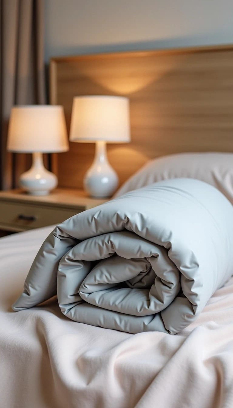 A neatly rolled grey comforter is placed on a bed with a beige blanket, with two white lamps and a wooden headboard in the background.