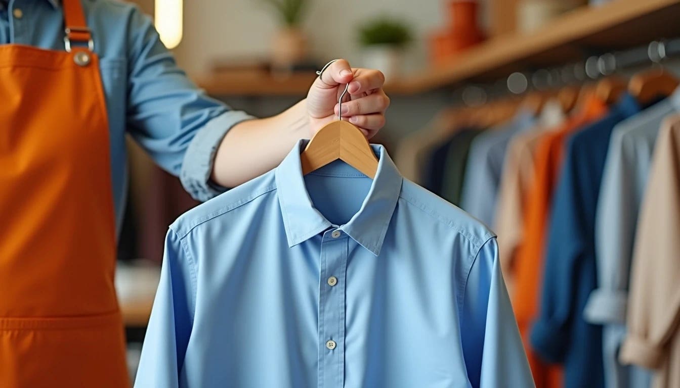 Person in an orange apron holds a light blue button-up shirt on a hanger in a clothing store, with blurred shirts on racks in the background.