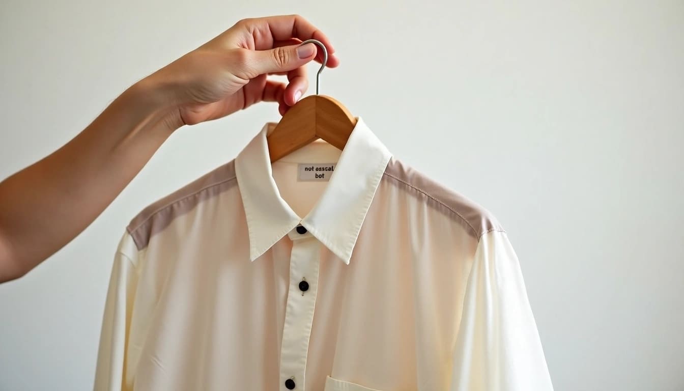 A hand holds a wooden hanger with a white collared shirt against a plain light background.