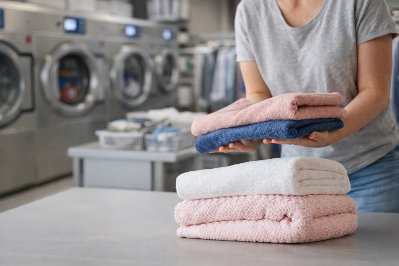 Person folding clean towels on a table in a laundromat, with washing machines and laundry baskets visible in the background.